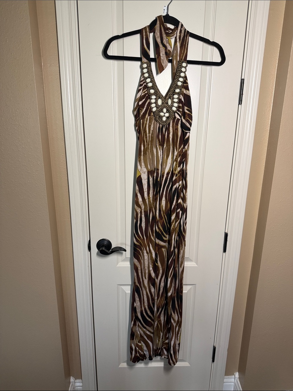 Ultra Pink Brown and Tan Halter Maxi with Beaded V-Neck